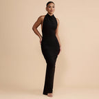 Halter Neck Ruched Bodice Mermaid Hem Bodycon Maxi Gown