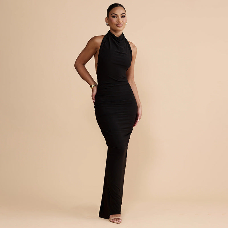 Halter Neck Ruched Bodice Mermaid Hem Bodycon Maxi Gown