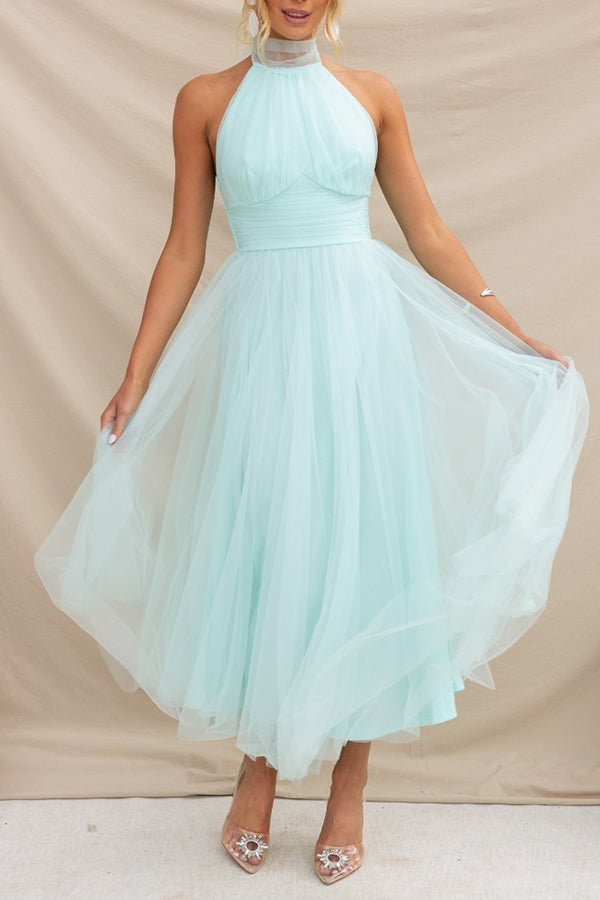 Fairy Vibes Tulle Gathered Detail Halter Maxi Dress