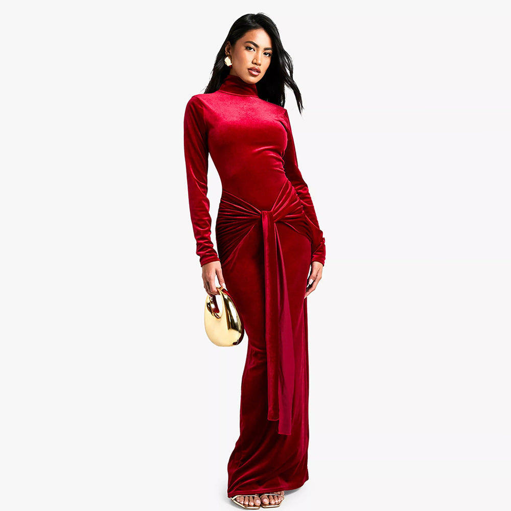 Velvet Mock Neck Long Sleeve Ruched Waist Tie Sash Maxi Dress
