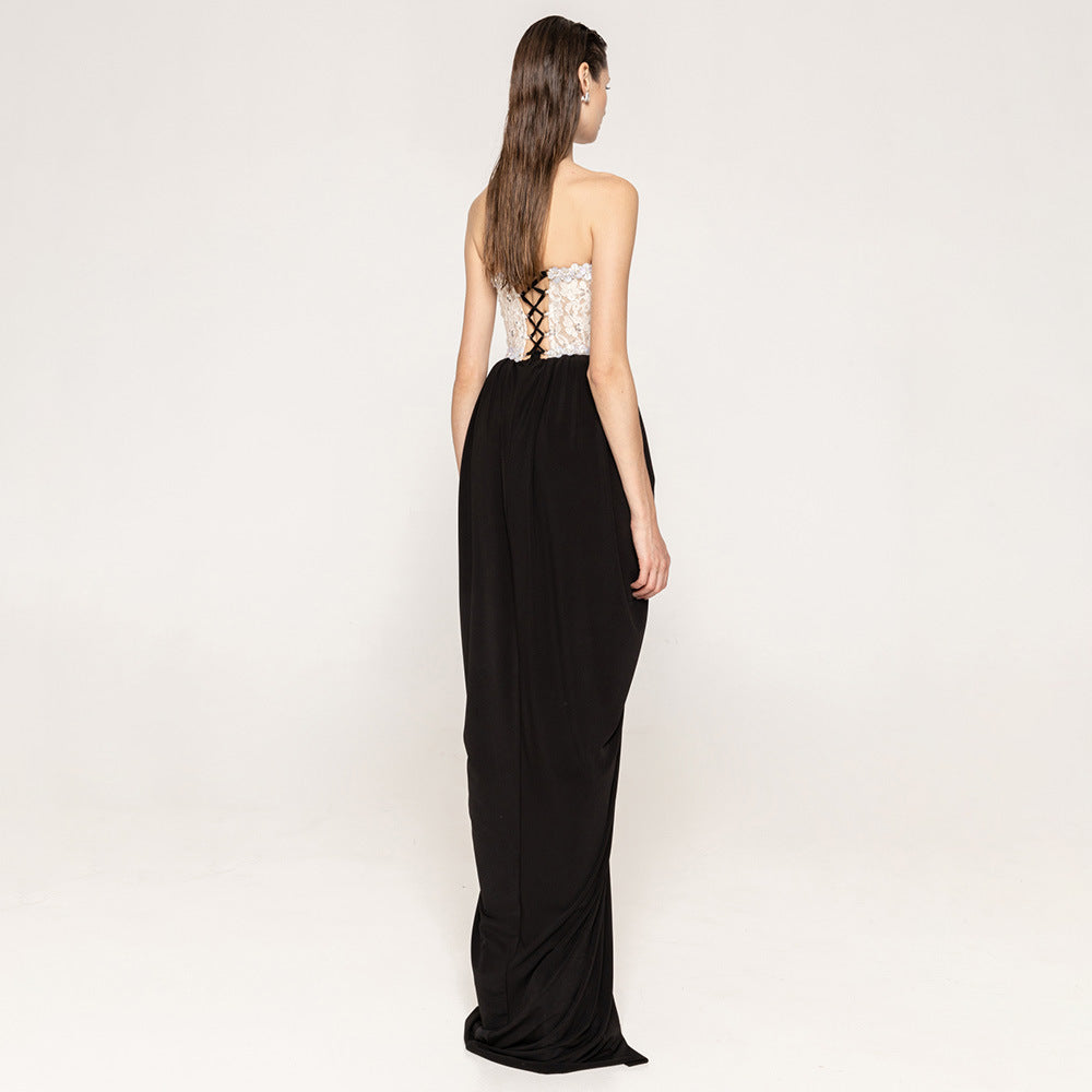 Lace Embellished Strapless Corset Basque Waist High Split Maxi Gown