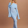 Off Shoulder Rib Knit Bell Sleeve Bodycon Maxi Dress