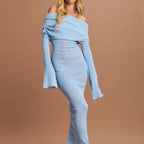 Off Shoulder Rib Knit Bell Sleeve Bodycon Maxi Dress
