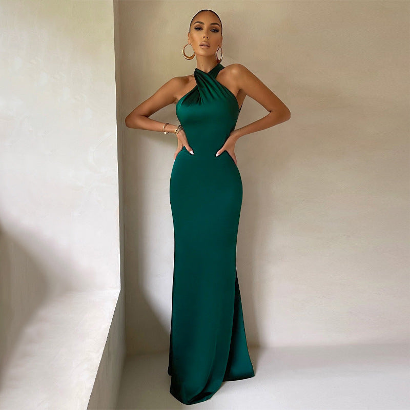 Satin Twist Front Halter Neck Bodycon Maxi Cocktail Dress