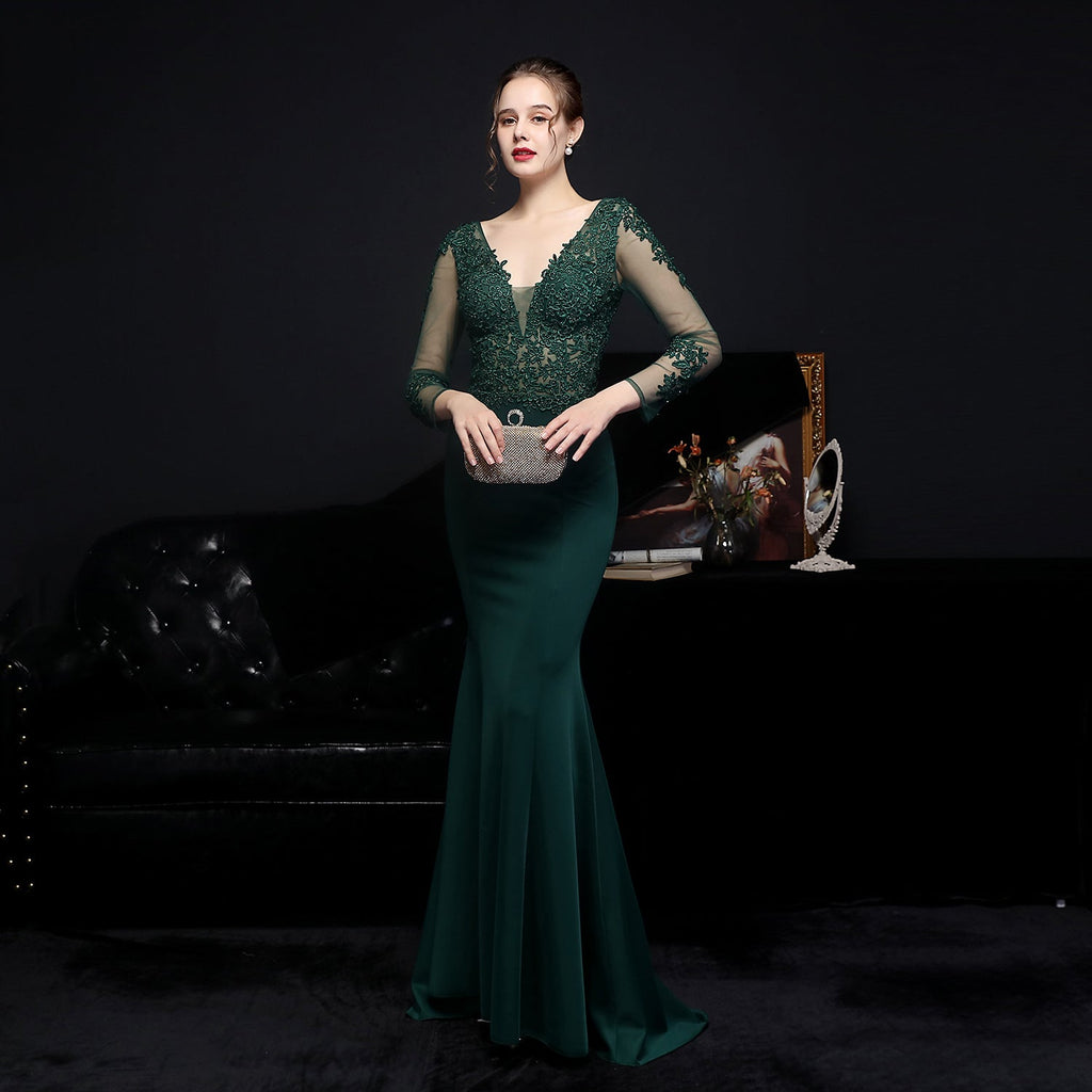 Floral Lace Illusion Long Sleeve Mermaid Trumpet Formal Gown