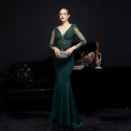 Floral Lace Illusion Long Sleeve Mermaid Trumpet Formal Gown