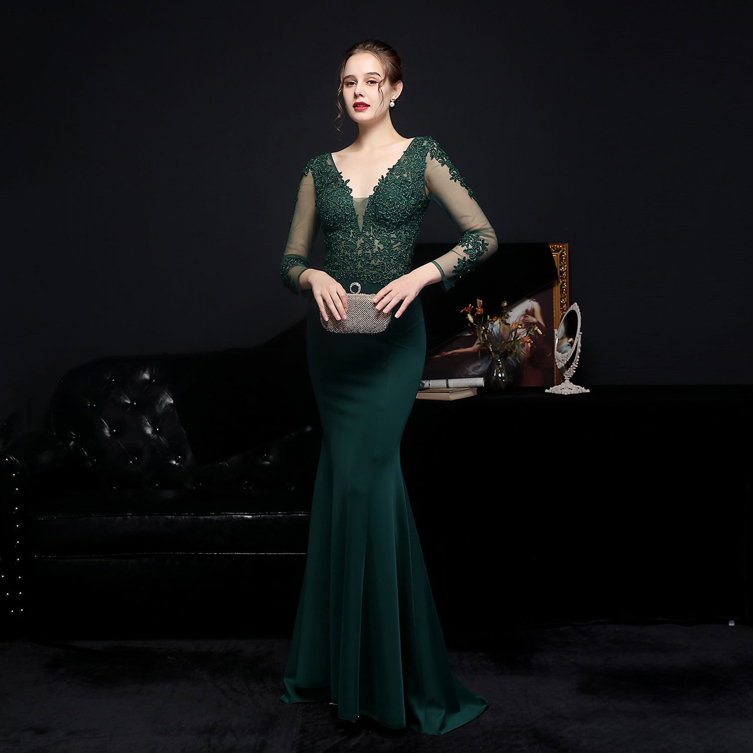 Floral Lace Illusion Long Sleeve Mermaid Trumpet Formal Gown