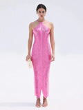 Tassel Back Slit Halter Dress