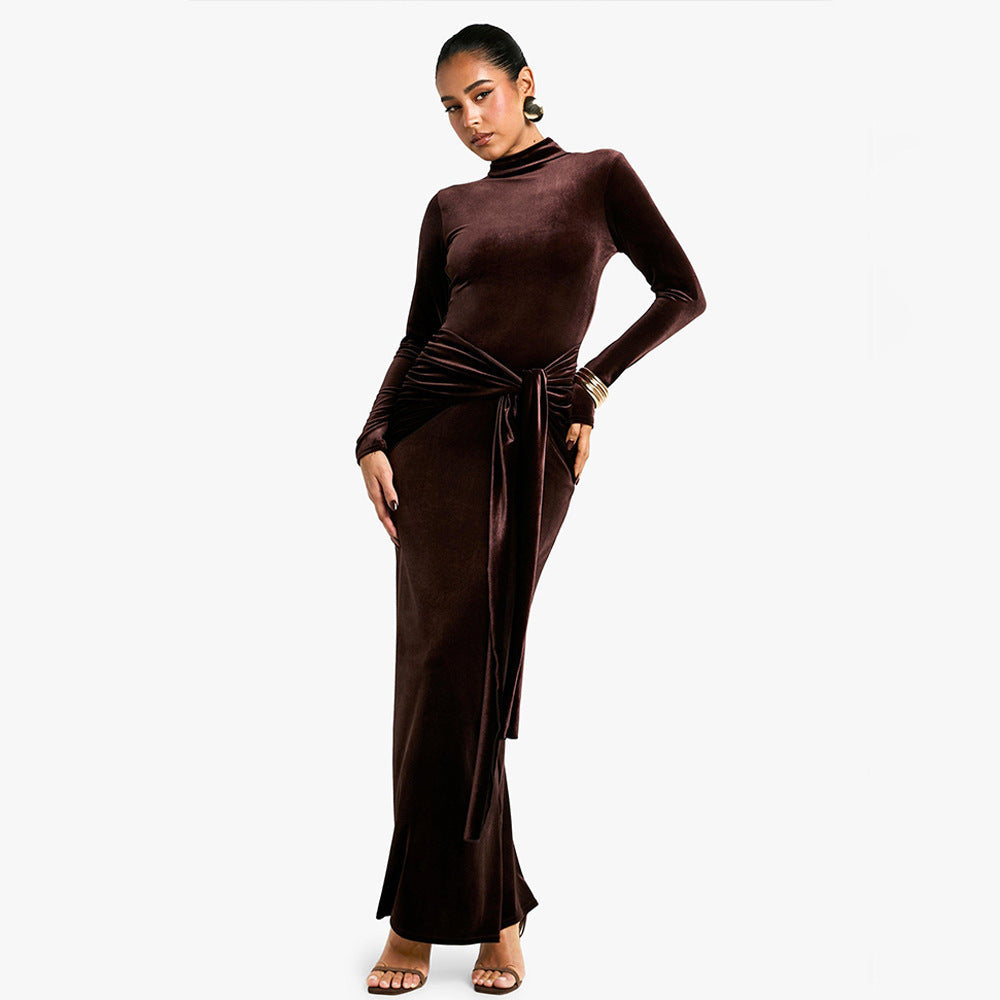 Velvet Mock Neck Long Sleeve Ruched Waist Tie Sash Maxi Dress