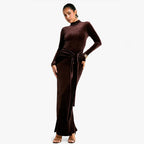 Velvet Mock Neck Long Sleeve Ruched Waist Tie Sash Maxi Dress