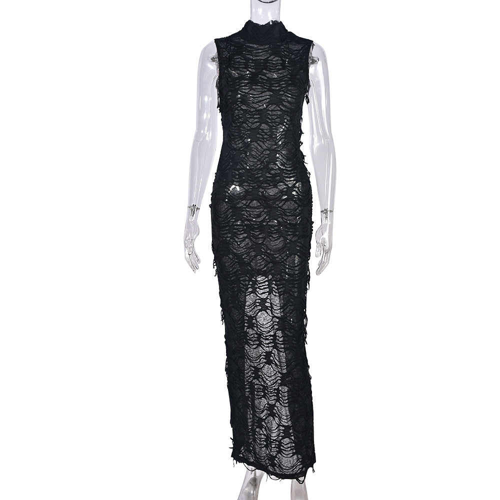 Distressed Mock Neck Sleeveless Ladder Knit Bodycon Maxi Dress