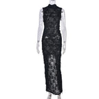 Distressed Mock Neck Sleeveless Ladder Knit Bodycon Maxi Dress