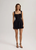 Floral Jacquard Lace Up Corset Bodice Pleated Mini Dress
