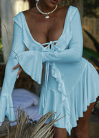 Deep V-Neck Tie Front Bell Cuff Ruffle Hem Skater Mini Dress