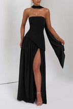 Elegant Off Shopulder Chiffon Pleated Hem Scarf Slit Maxi Dress