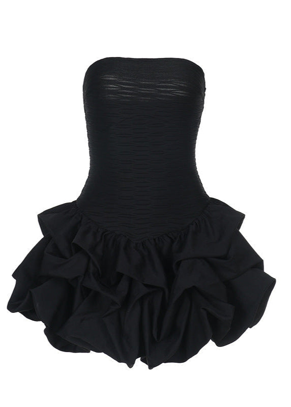 Strapless Ruched Bodice Bubble Hem Tiered Ruffle Mini Dress