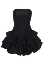Strapless Ruched Bodice Bubble Hem Tiered Ruffle Mini Dress