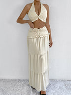 Halter Neck Two Piece Low Waist Hem Hip Long Skirt