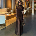 Mesh Mock Neck Ruched Cap Sleeve Chiffon Overlay Maxi Dress