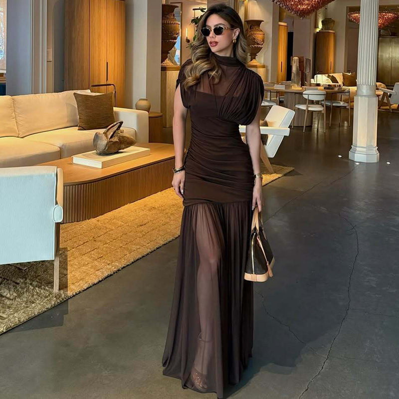 Mesh Mock Neck Ruched Cap Sleeve Chiffon Overlay Maxi Dress