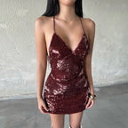 Sequin Deep V-Neck Spaghetti Strap Bodycon Mini Dress