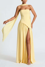 Elegant Off Shopulder Chiffon Pleated Hem Scarf Slit Maxi Dress