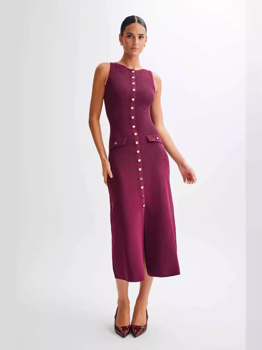 Ribbed Knit Button Front Contrast Trim Sleeveless Midi Dress