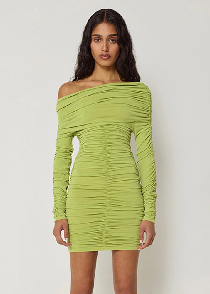Off Shoulder Ruched Long Sleeve Asymmetric Neck Bodycon Mini Dress