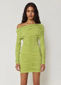 Off Shoulder Ruched Long Sleeve Asymmetric Neck Bodycon Mini Dress