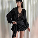 Lace Panel Deep V-Neck Bishop Sleeve Tiered Ruffle Two-Piece Set