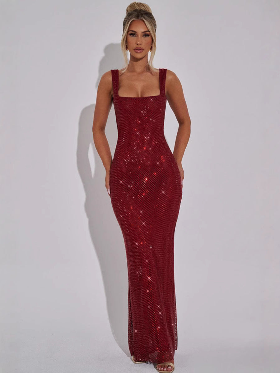 Square Neck Sequin Mesh Bodycon Maxi Gown