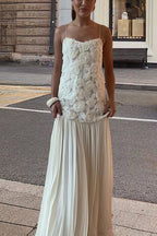 Indulge in Floral Applique Pleated Chiffon Hem Slip Maxi Dress
