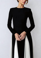 Mock Neck Long Sleeve Pleated Godet Panel Fit and Flare Maxi Dress