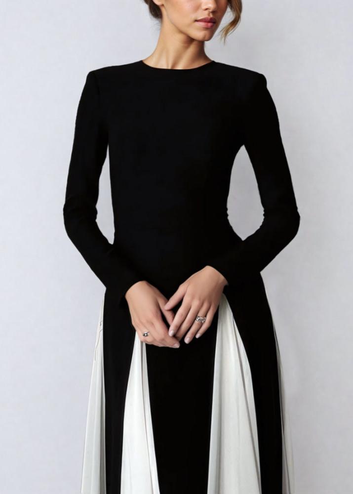 Mock Neck Long Sleeve Pleated Godet Panel Fit and Flare Maxi Dress