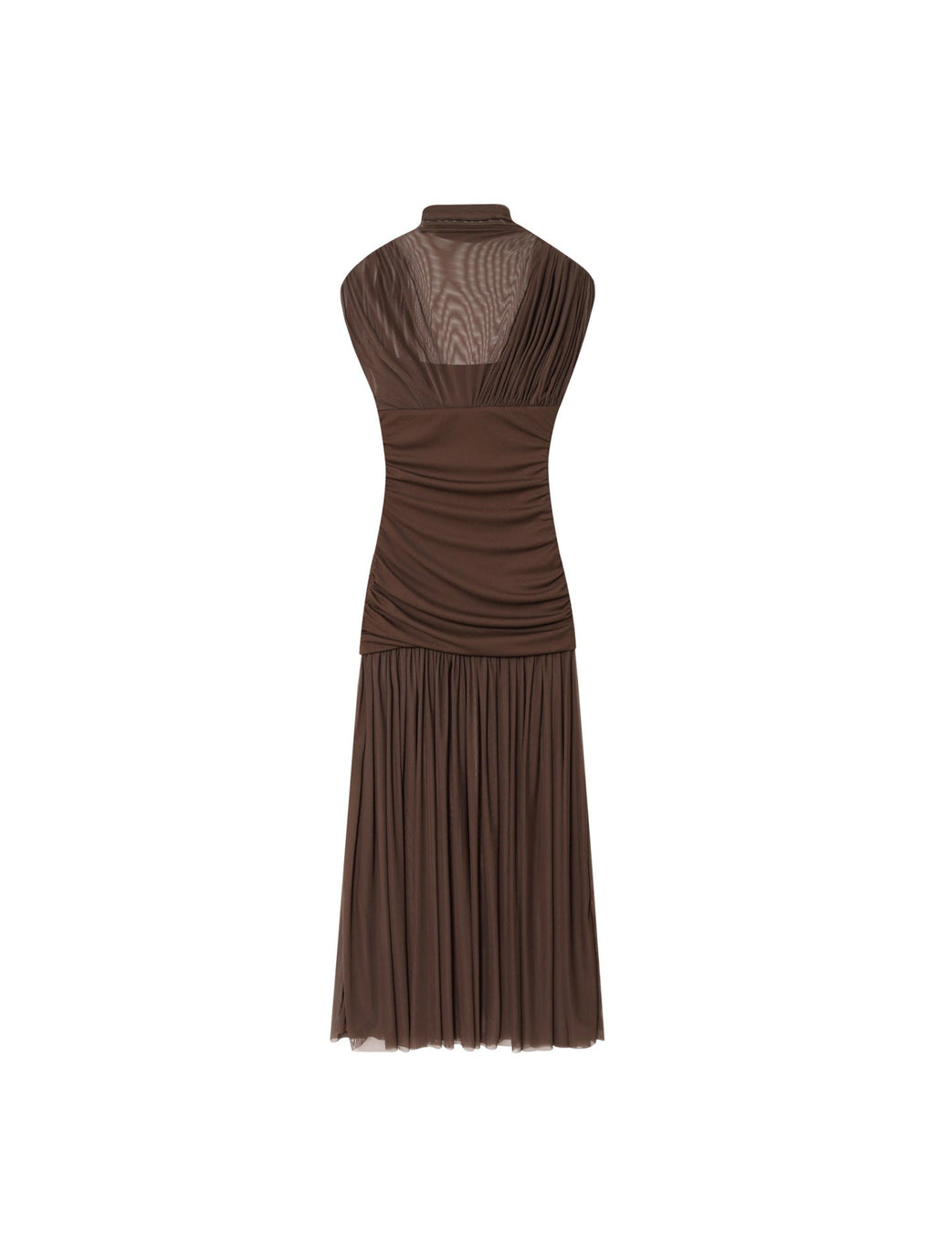 Mock Neck Mesh Yoke Ruched Bodice Pleated Midi Dress