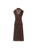 Mock Neck Mesh Yoke Ruched Bodice Pleated Midi Dress