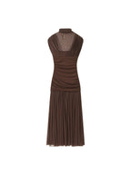 Mock Neck Mesh Yoke Ruched Bodice Pleated Midi Dress