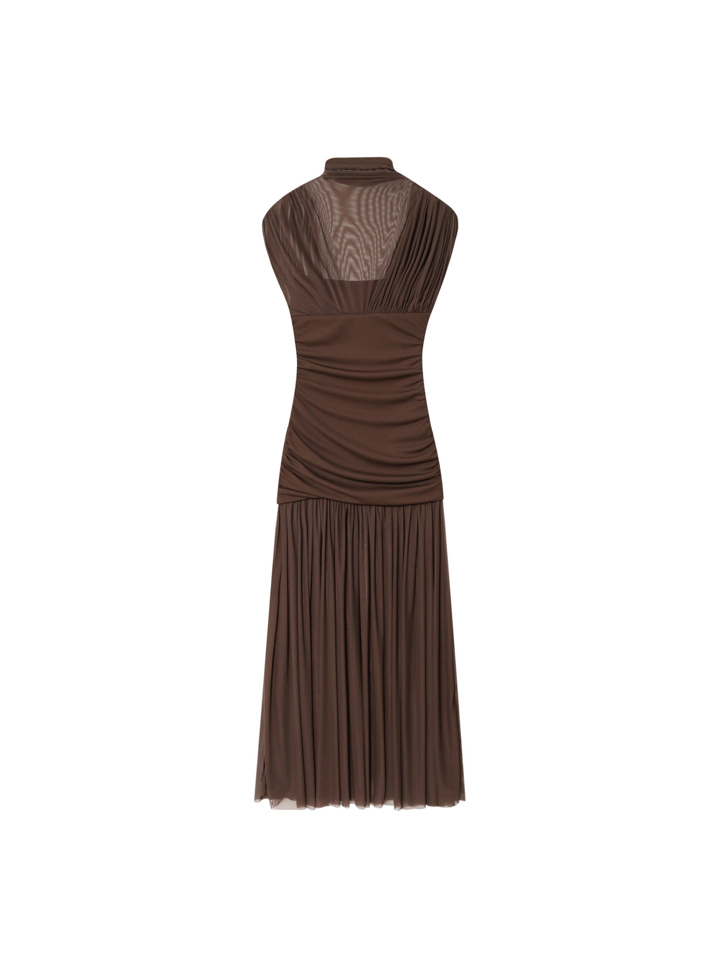 Mock Neck Mesh Yoke Ruched Bodice Pleated Midi Dress