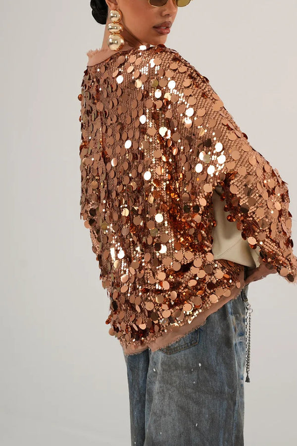 Fashion Sequined Long-sleeved V-neck Loose Lace-up Cardigan