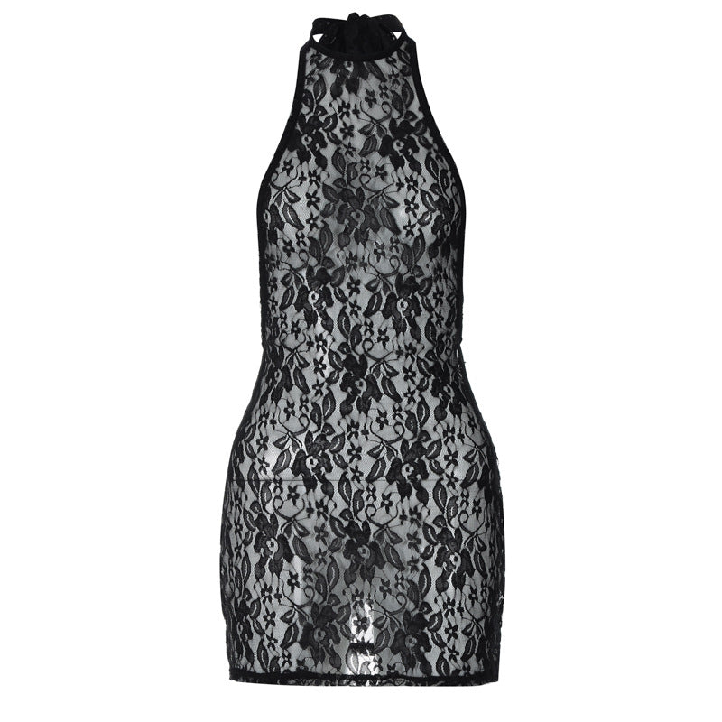 Floral Lace Halter Tie Backless Side Cut Out Mini Dress