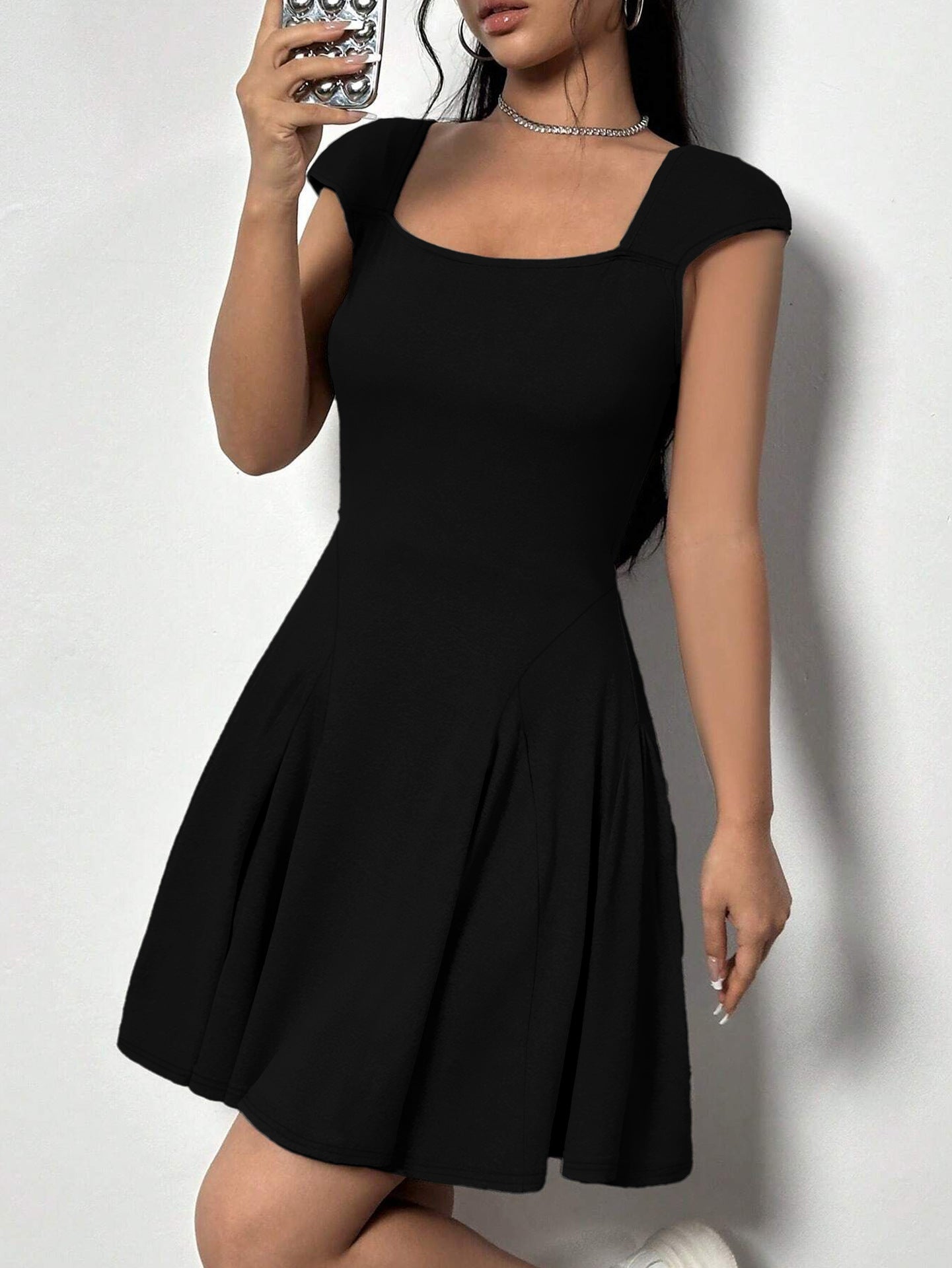 Square Neck Cap Sleeve Fit and Flare Pleated Skater Mini Dress