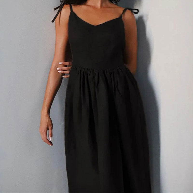Linen Deep V-Neck Spaghetti Strap Backless Pleated Waist Maxi Dress