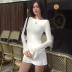 Ribbed Knit Boat Neck Bell Sleeve Bodycon Mini Dress