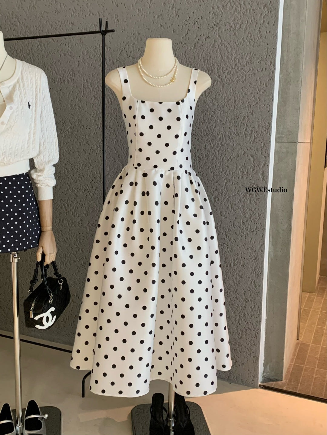 Square Neck Spaghetti Strap Lace Trim Polka Dot Fit and Flare Midi Dress
