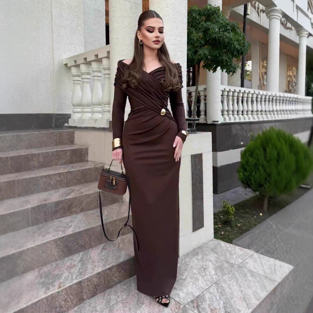 Off Shoulder Long Sleeve Ruched Wrap Metal Brooch Maxi Dress