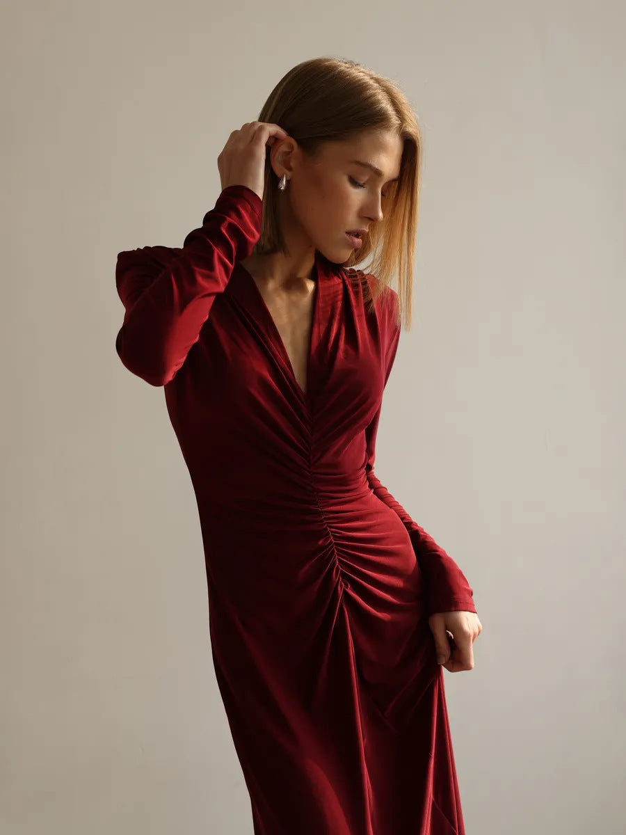 Deep V-Neck Ruched Long Sleeve Floor Length Maxi Dress