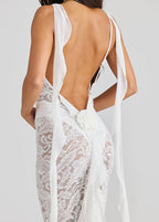 Lace Spaghetti Strap Square Neck Bow Back Streamer Bodycon Maxi Dress