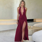 Halter Deep V Ruched Waist Pleated Slit Maxi Dress