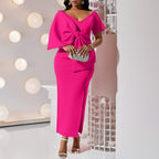 Oversized Bow Asymmetric V-Neck Short Sleeve Bodycon Midi Dress