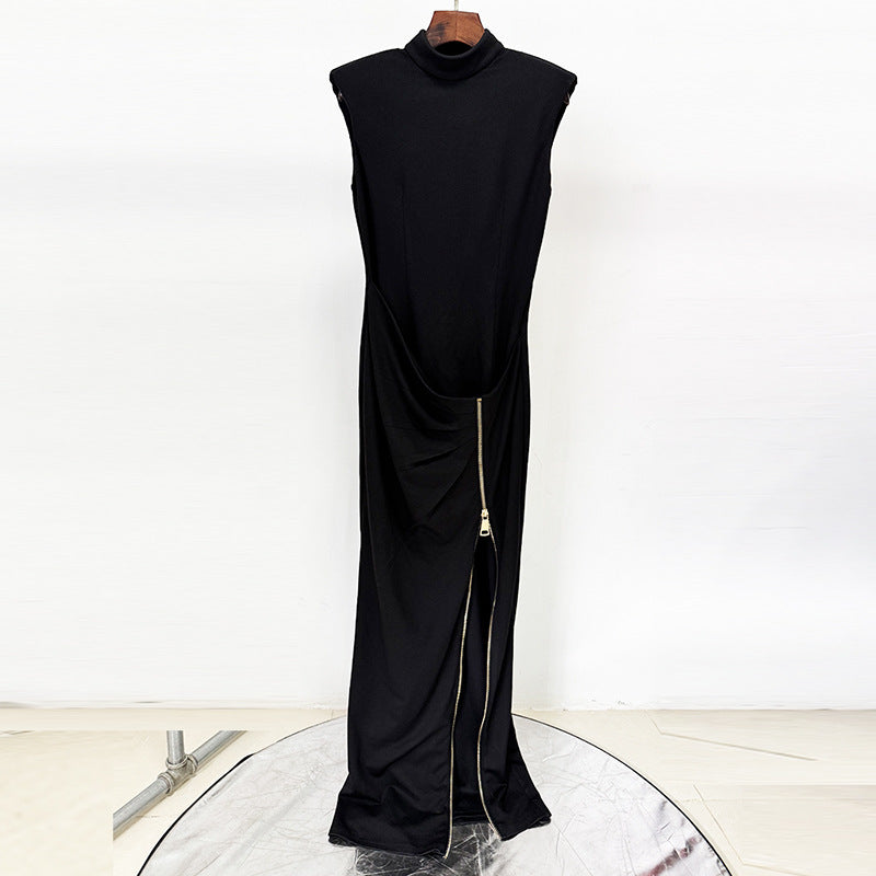 Sleeveless Mock Neck Padded Shoulder Exposed Zipper High Split Maxi Gown
